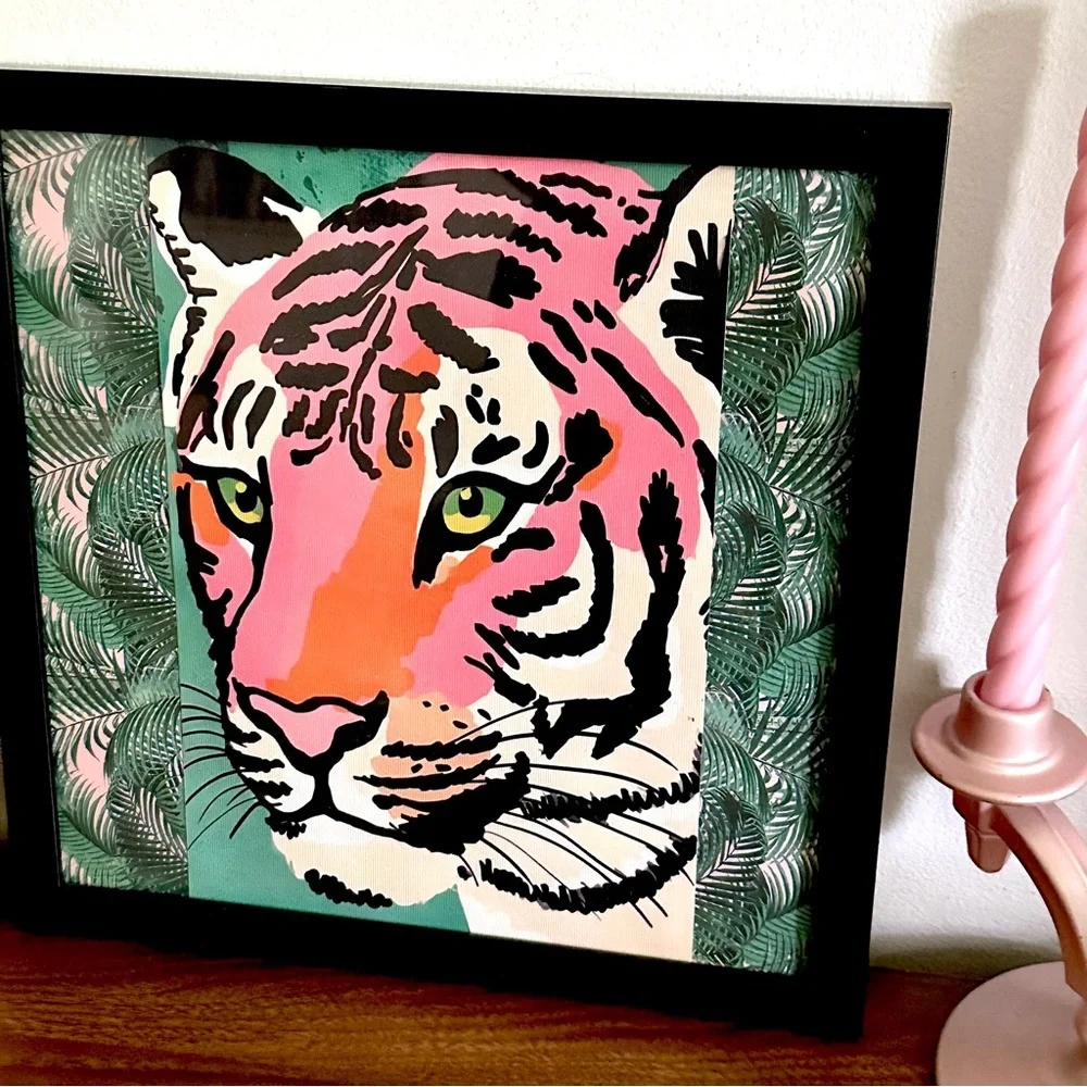 Vibrant Tiger Art Canvas Print Black Framed Palm Leaf Pink Green Wall Art 13x13”